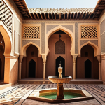 **Traditional Islamic Architecture:** A vibrant courtyard in a traditional Islamic building, showcasing intricate geometric patterns, arched doorways, and a central water fountain. Capture the essence of privacy and natural ventilation. Focus on warm earthy tones and dappled sunlight.