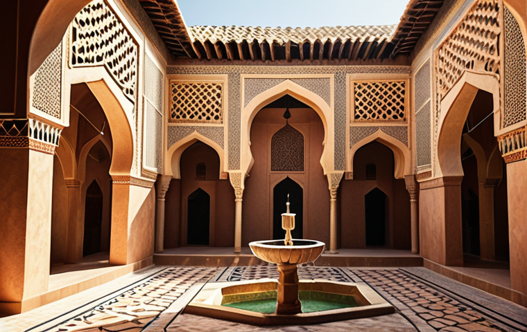 **Traditional Islamic Architecture:** A vibrant courtyard in a traditional Islamic building, showcasing intricate geometric patterns, arched doorways, and a central water fountain. Capture the essence of privacy and natural ventilation. Focus on warm earthy tones and dappled sunlight.