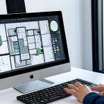 A professional female architect, fully clothed in a modest business suit, seated at a modern desk in a well-lit, contemporary architectural studio. She is actively working on a large high-resolution monitor displaying complex 3D BIM models and sustainable design simulations, such as solar analysis and airflow patterns. A tablet is open next to her showing project data. The studio is clean and organized, with architectural drawings and digital screens in the background. The image emphasizes precision, technological integration, and innovation in architecture. Perfect anatomy, correct proportions, natural pose, well-formed hands, proper finger count, natural body proportions. High-resolution, professional studio photography, safe for work, appropriate content, fully clothed, professional.