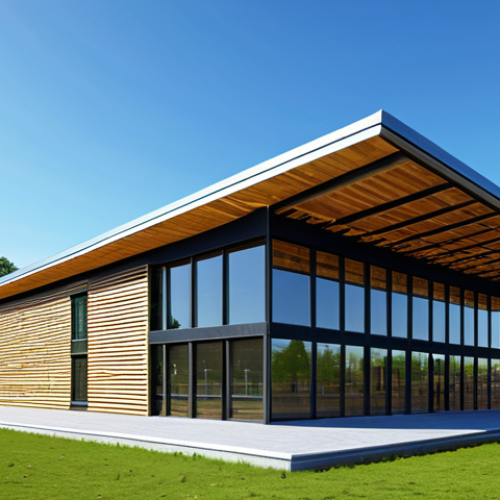 Home 22 **
A modern, sustainable school building constructed primarily of recycled wood and featuring a large solar panel array on its roof, set against a clear blue sky. Emphasize the eco-friendly design with surrounding green spaces and efficient lighting. Safe for work, appropriate content, fully clothed, professional, eco-conscious architecture. Perfect anatomy, correct proportions, natural pose, well-formed building, proper detailing, high quality.
**