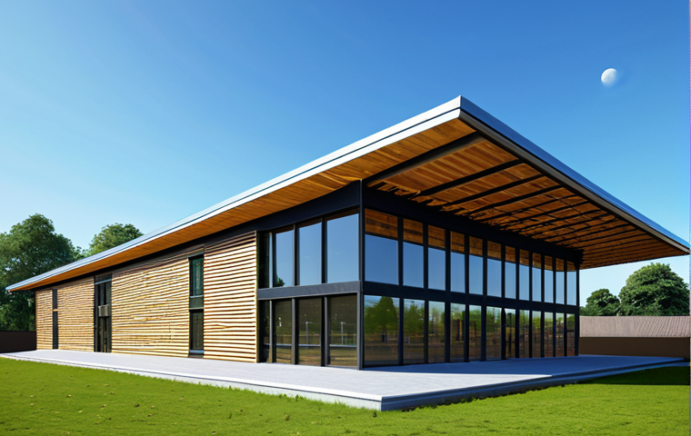 **

A modern, sustainable school building constructed primarily of recycled wood and featuring a large solar panel array on its roof, set against a clear blue sky. Emphasize the eco-friendly design with surrounding green spaces and efficient lighting. Safe for work, appropriate content, fully clothed, professional, eco-conscious architecture. Perfect anatomy, correct proportions, natural pose, well-formed building, proper detailing, high quality.

**