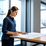 **

"A fully clothed female architect in a modest business casual outfit stands in a modern architectural office, reviewing blueprints with a male colleague. Natural lighting, perfect anatomy, correct proportions, professional setting, safe for work, appropriate content, professional, family-friendly."

**