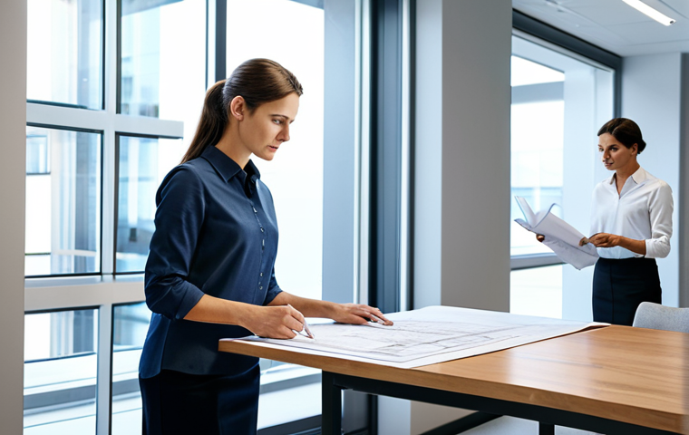 **

"A fully clothed female architect in a modest business casual outfit stands in a modern architectural office, reviewing blueprints with a male colleague. Natural lighting, perfect anatomy, correct proportions, professional setting, safe for work, appropriate content, professional, family-friendly."

**