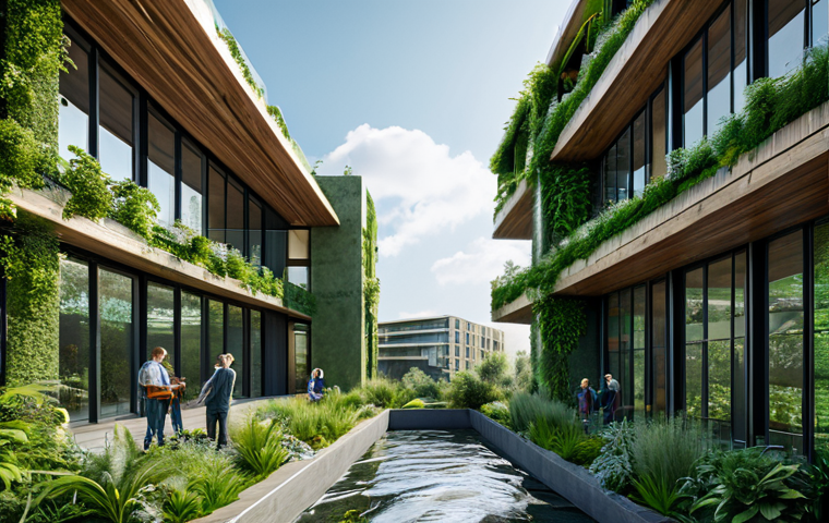 Sustainable Building with Lush Greenery**

A modern building with vertical gardens and solar panels, made of recycled wood and green concrete, fully clothed architects inspecting the site, showcasing energy efficiency and water management systems, surrounded by a thriving green landscape, safe for work, appropriate content, fully clothed, professional, perfect anatomy, correct proportions, natural pose, high quality rendering.

**