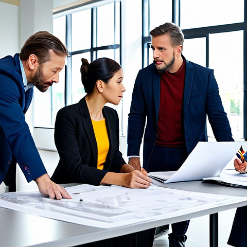 건축 프로젝트에서 의사소통 문제 해결 - **Construction Project Meeting:** "A diverse team of construction professionals in a meeting, review...
