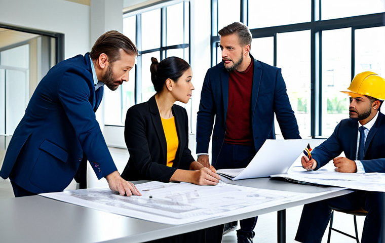 건축 프로젝트에서 의사소통 문제 해결 - **Construction Project Meeting:** "A diverse team of construction professionals in a meeting, review...