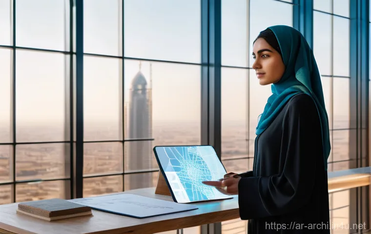 건축가가 되는 과정에서 겪는 도전 - **Prompt:** A young Arab female architect, dressed in modest professional attire including a stylish...