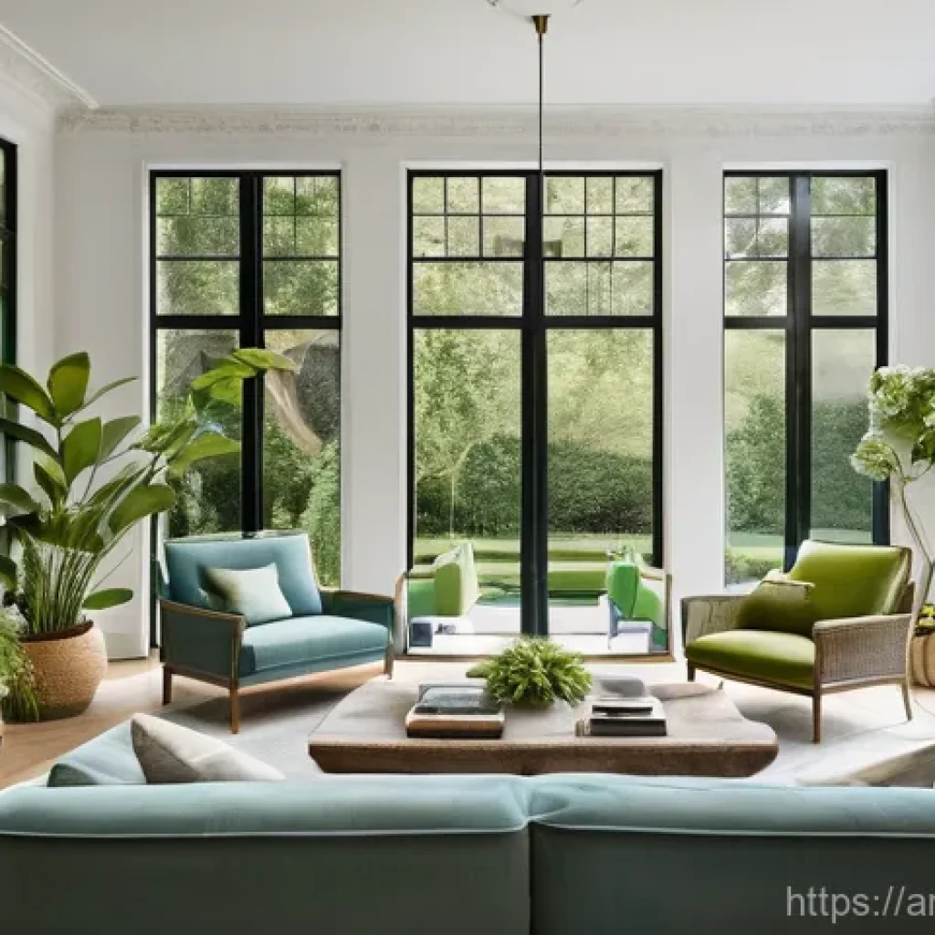 건축 설계와 공간 심리학 적용 사례 - A serene and spacious living room bathed in abundant natural light, flowing from large windows that ...