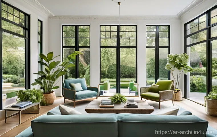 건축 설계와 공간 심리학 적용 사례 - A serene and spacious living room bathed in abundant natural light, flowing from large windows that ...