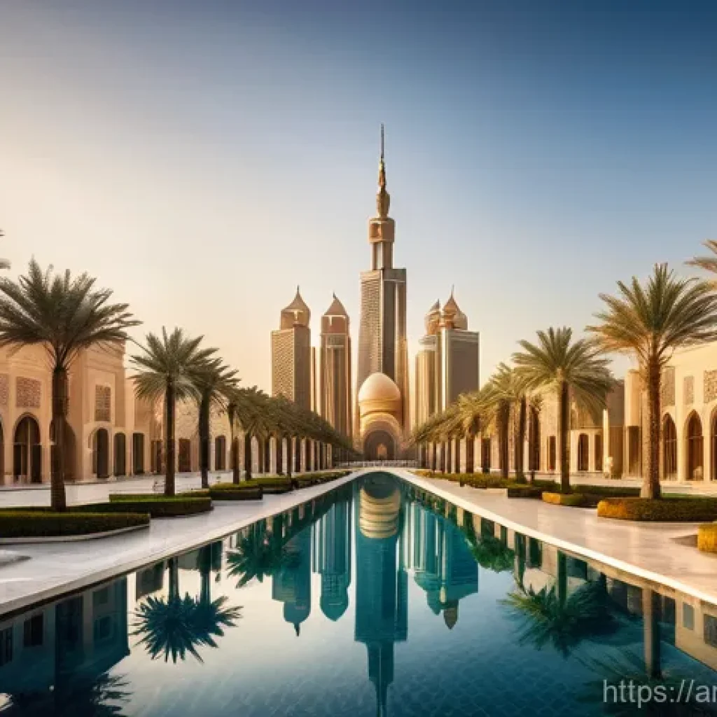 건축 설계의 이론과 실제 적용 사례 - A breathtaking ultra-modern Arab city skyline at sunrise, where towering skyscrapers seamlessly blen...