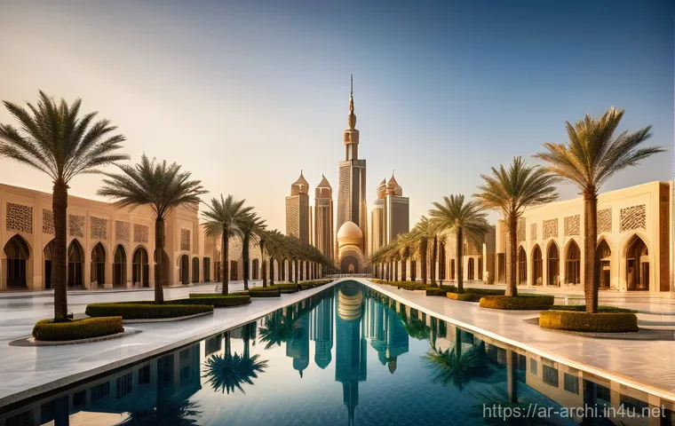 건축 설계의 이론과 실제 적용 사례 - A breathtaking ultra-modern Arab city skyline at sunrise, where towering skyscrapers seamlessly blen...