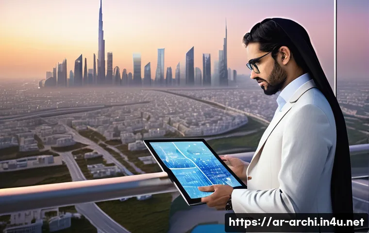 건축학과 대학원 준비 팁 - **Prompt: "A visionary Arab architect, appearing gender-neutral, in their late 20s, wearing smart-ca...