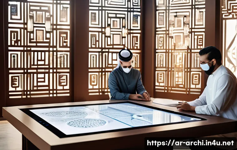건축 설계에서 최신 기술 적용하기 - A futuristic architectural design studio in an Arabic cultural context, featuring diverse architects...