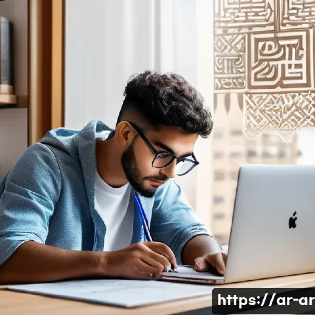 건축사 자격시험 합격 비법 - A focused Arab male architecture student studying at a modern desk in a bright room, surrounded by a...