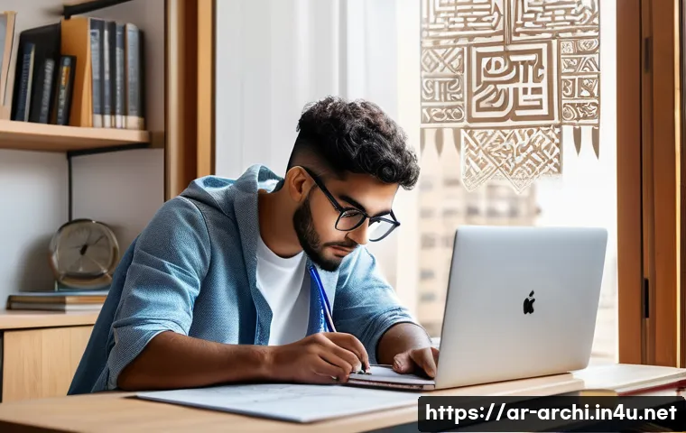 건축사 자격시험 합격 비법 - A focused Arab male architecture student studying at a modern desk in a bright room, surrounded by a...