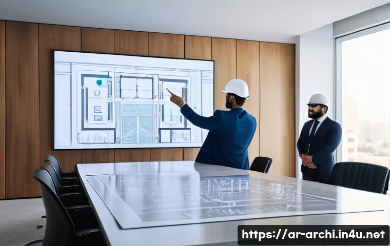 건축가와 시공사 간의 협력 사례 - A detailed professional meeting scene showing an Arab architect and a diverse construction team gath...