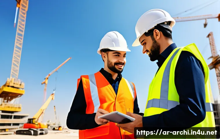 건축 프로젝트 커뮤니케이션 도구 - A detailed construction site scene in the Middle East showing diverse teams of engineers, contractor...
