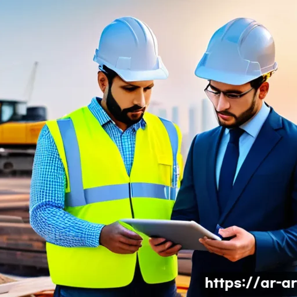 건축 실무에서 요구되는 소프트 스킬 - A busy Middle Eastern construction site at sunrise with diverse engineers and workers wearing safety...