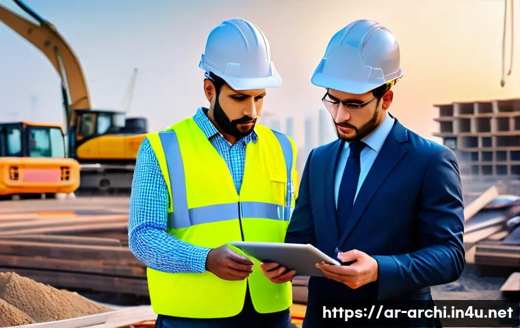 건축 실무에서 요구되는 소프트 스킬 - A busy Middle Eastern construction site at sunrise with diverse engineers and workers wearing safety...