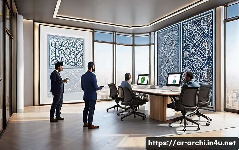 건축 설계에서 디지털 도구의 역할 - A modern architectural design studio scene featuring diverse Arab architects collaborating remotely ...
