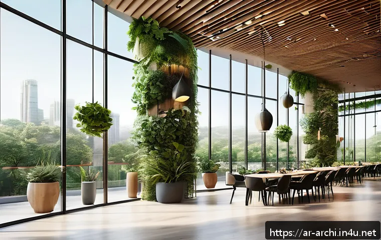 건축 설계와 지속 가능 건축 사례 - A sustainable architectural design showcasing a modern building with large floor-to-ceiling windows ...
