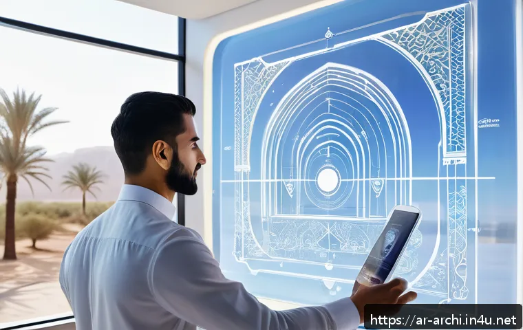 건축 설계와 컴퓨테이셔널 디자인 - A futuristic architectural design studio scene showcasing an Arabic architect using generative desig...