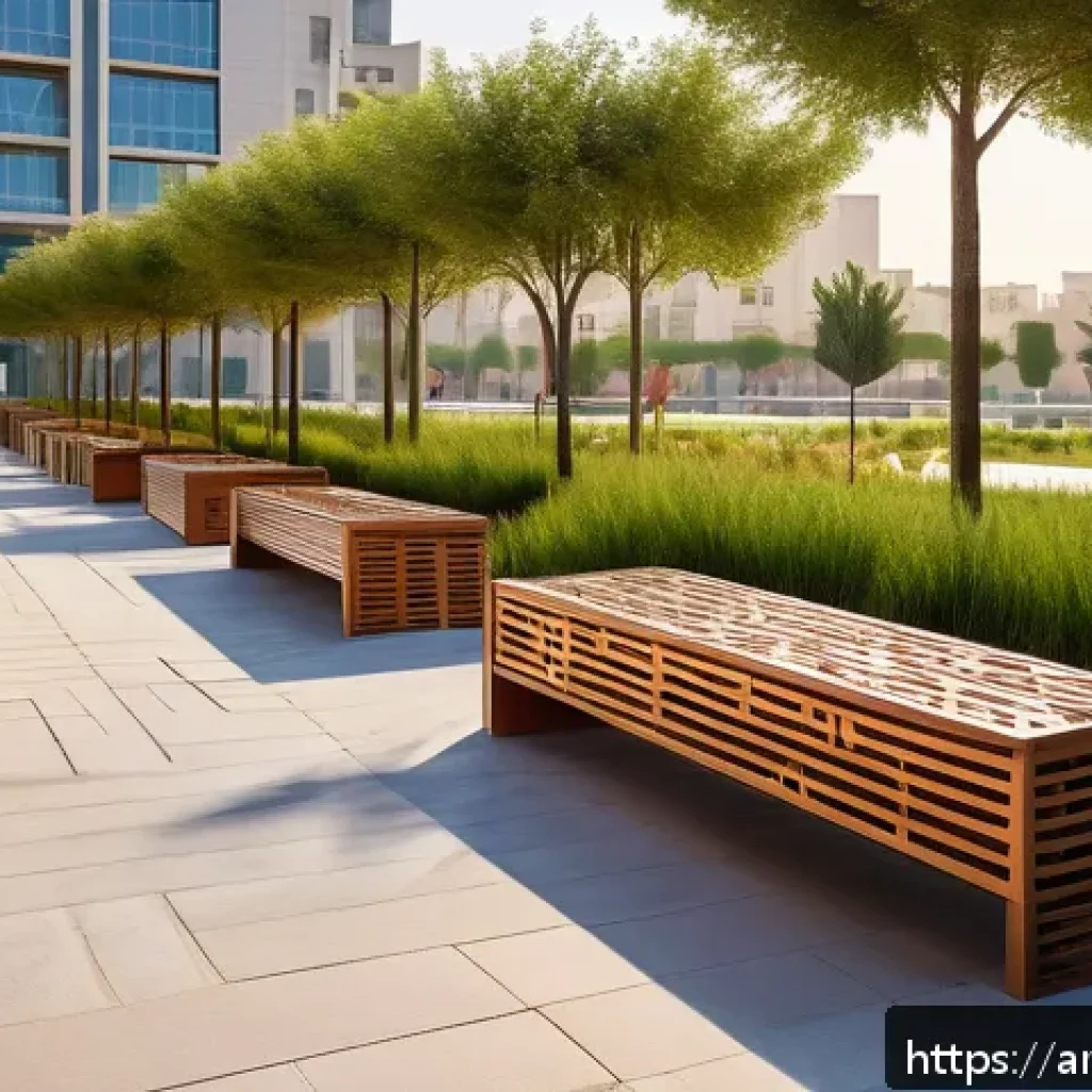 건축사의 윤리와 책임 - A modern urban park in a Middle Eastern city at golden hour, showcasing ethical architectural design...