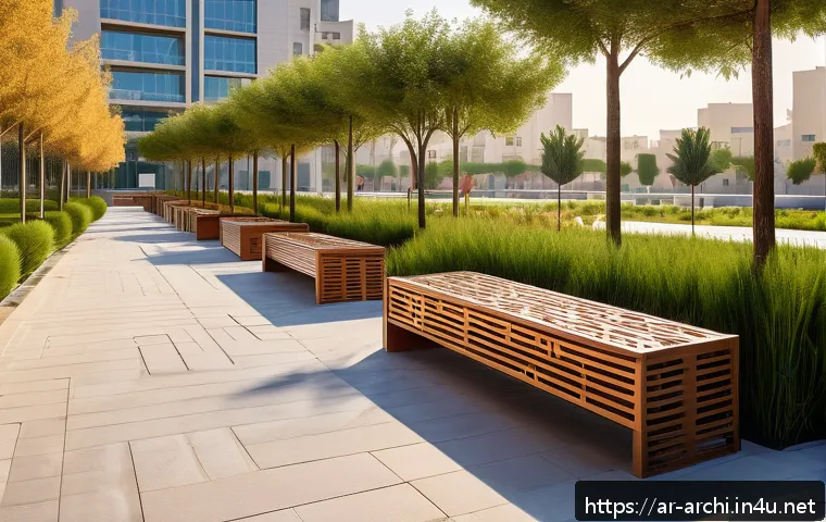 건축사의 윤리와 책임 - A modern urban park in a Middle Eastern city at golden hour, showcasing ethical architectural design...