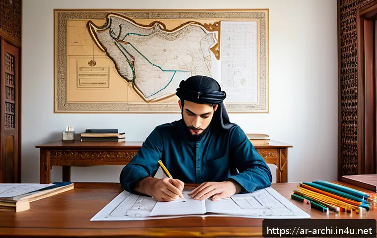건축 실기 시험 체크리스트 - A focused Arab male architecture student sitting at a wooden desk in a traditional Middle Eastern st...
