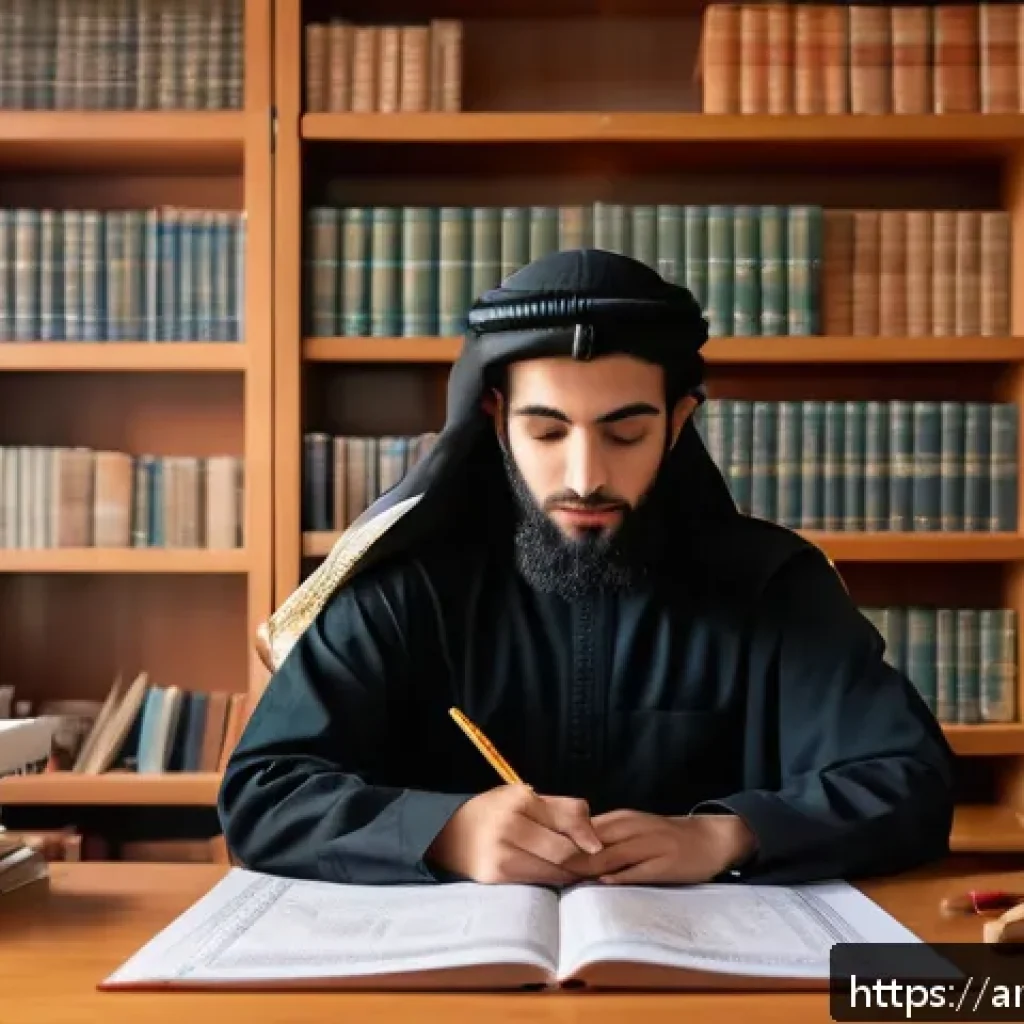 건축 실기 시험에서 주의할 점 정리 - A detailed scene of an Arab student in a traditional study room preparing for a practical exam, wear...