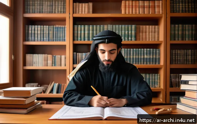 건축 실기 시험에서 주의할 점 정리 - A detailed scene of an Arab student in a traditional study room preparing for a practical exam, wear...