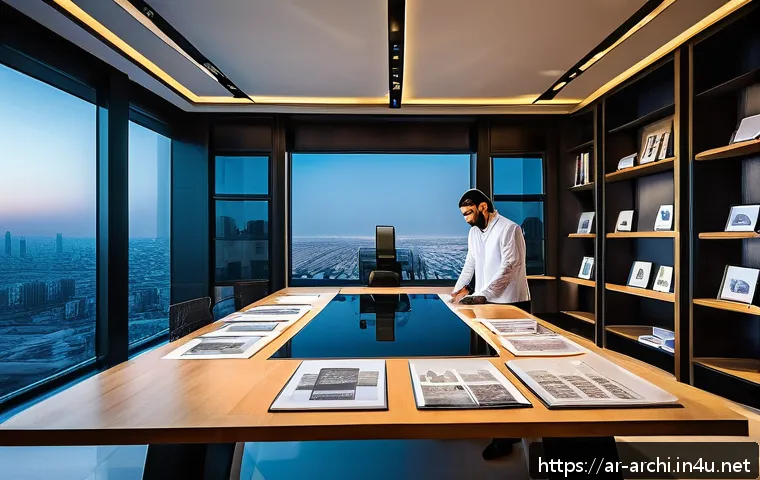 건축가로서의 전문성 강화하기 - A modern architectural design studio interior in Riyadh, showcasing an Arab architect working dilige...