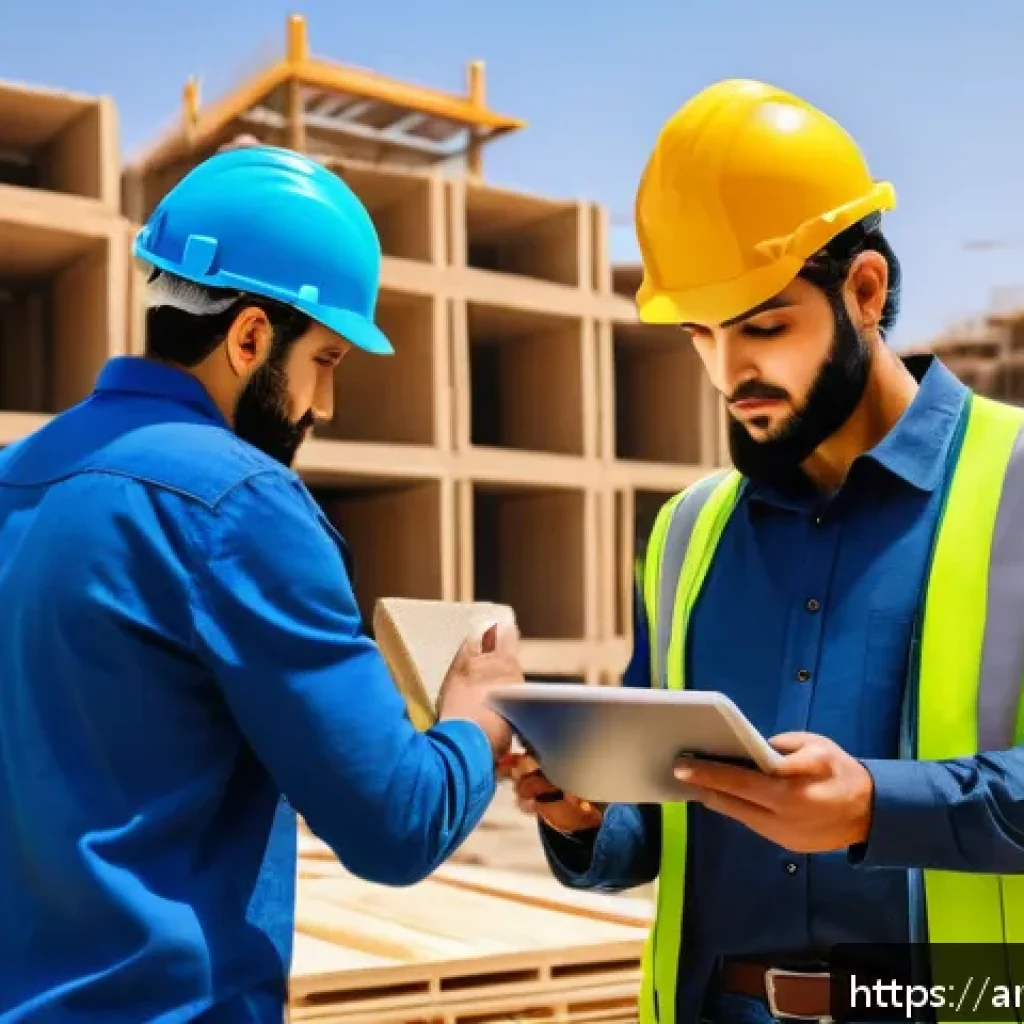 건축 시공에서 품질 관리 중요성 - A detailed construction site scene in a Middle Eastern urban environment, showcasing workers in appr...