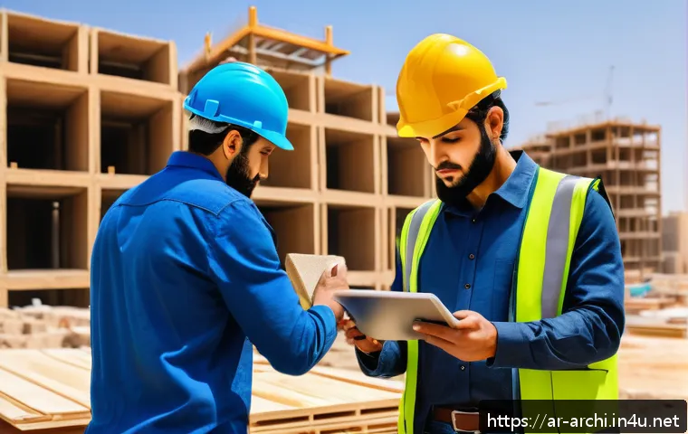 건축 시공에서 품질 관리 중요성 - A detailed construction site scene in a Middle Eastern urban environment, showcasing workers in appr...