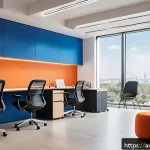 Home 21 건축 설계와 사용자 경험의 중요성 - A modern office interior bathed in warm natural sunlight streaming through large windows, featuring ...
