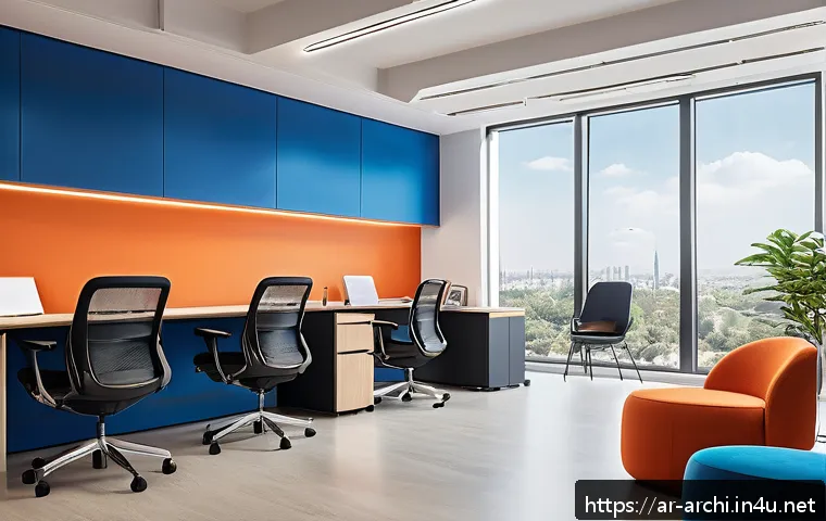 건축 설계와 사용자 경험의 중요성 - A modern office interior bathed in warm natural sunlight streaming through large windows, featuring ...