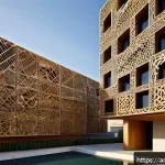 Home 19 건축가의 창의적 문제 해결 능력 - A modern architectural facade composed of recycled wooden panels arranged dynamically to reflect nat...