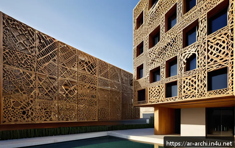 건축가의 창의적 문제 해결 능력 - A modern architectural facade composed of recycled wooden panels arranged dynamically to reflect nat...