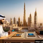 Home 18 건축 관련 공모전 참여 사례 - A dynamic architectural competition scene set in a modern Middle Eastern cityscape at sunset, featur...