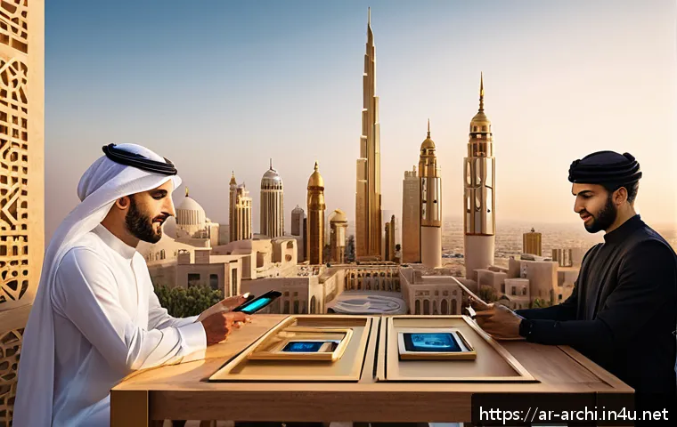 건축 관련 공모전 참여 사례 - A dynamic architectural competition scene set in a modern Middle Eastern cityscape at sunset, featur...