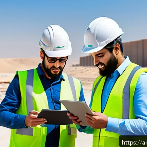 Home 17 건축 실무에서 팀워크 강화 프로그램 - A dynamic construction team in a Middle Eastern setting, wearing appropriate safety gear and modest ...