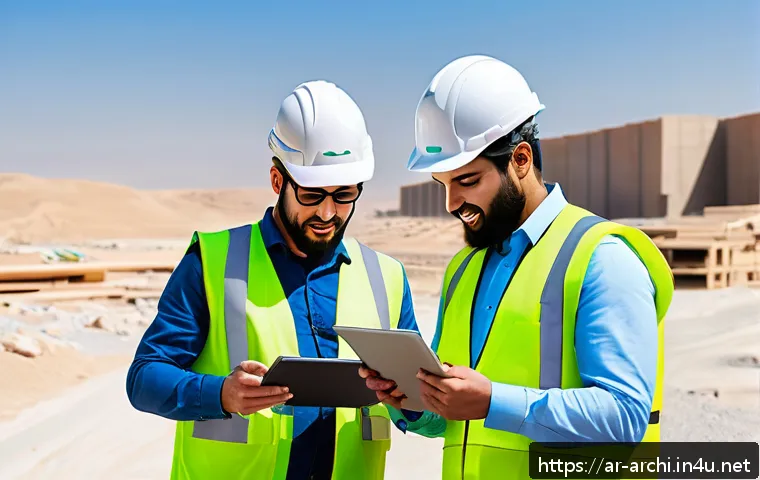 건축 실무에서 팀워크 강화 프로그램 - A dynamic construction team in a Middle Eastern setting, wearing appropriate safety gear and modest ...
