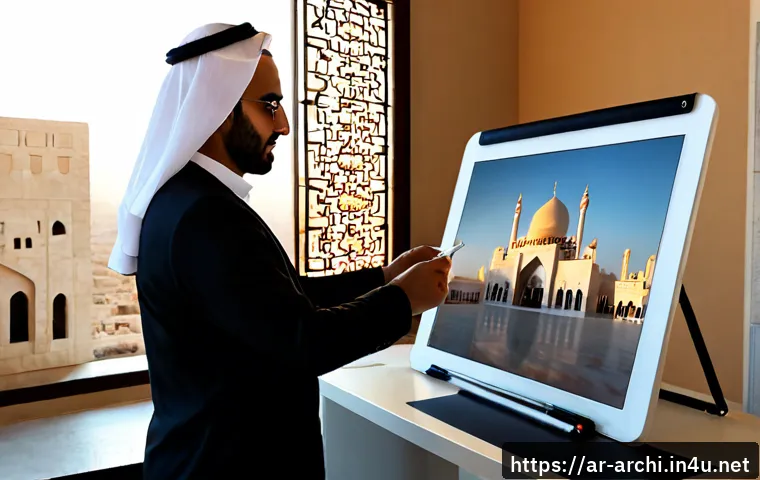 Home 30 건축가를 위한 최신 도구 소개 - Photorealistic architectural studio in a contemporary Middle Eastern city, Arab architect in smart p...