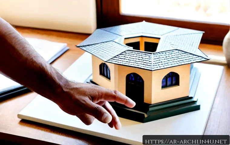 건축 설계의 세부 요소와 디테일링 - Photorealistic close-up of an architect’s hands reviewing a detailed physical scale model of a conte...