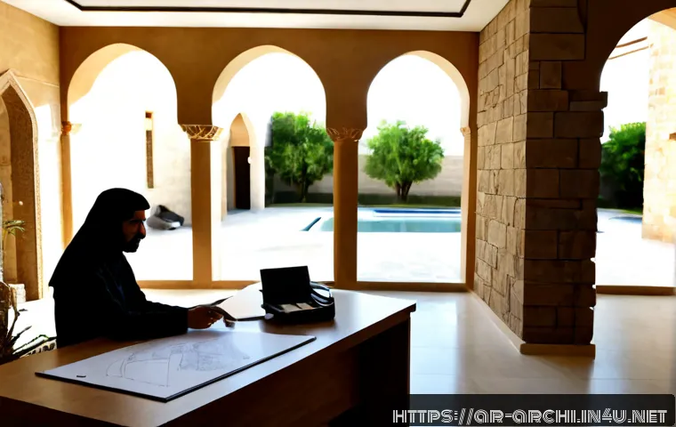 건축 설계와 공간 계획의 중요성 - Photorealistic architectural design studio in a contemporary Arab city, a modestly dressed Middle Ea...