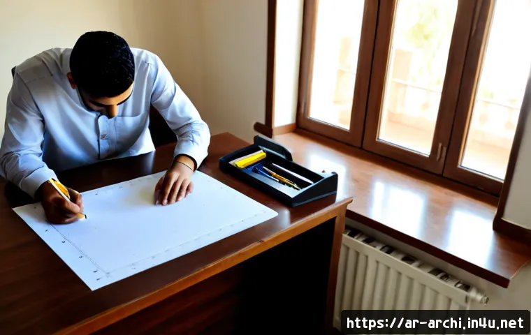 건축 실기 시험 준비 팁과 도구 소개 - Photorealistic architectural practical exam preparation desk in a bright contemporary Middle Eastern...
