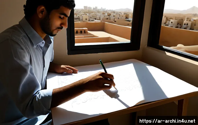 건축가로서의 창의성 유지 방법 - Photorealistic Arab architect in a bright contemporary studio, thoughtfully sketching flowing buildi...